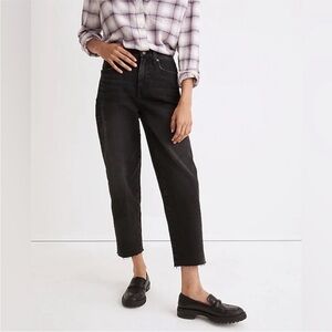 Madewell Balloon Jeans Biscayne Black Wash Raw Hem Cropped Ankle Stretch Denim